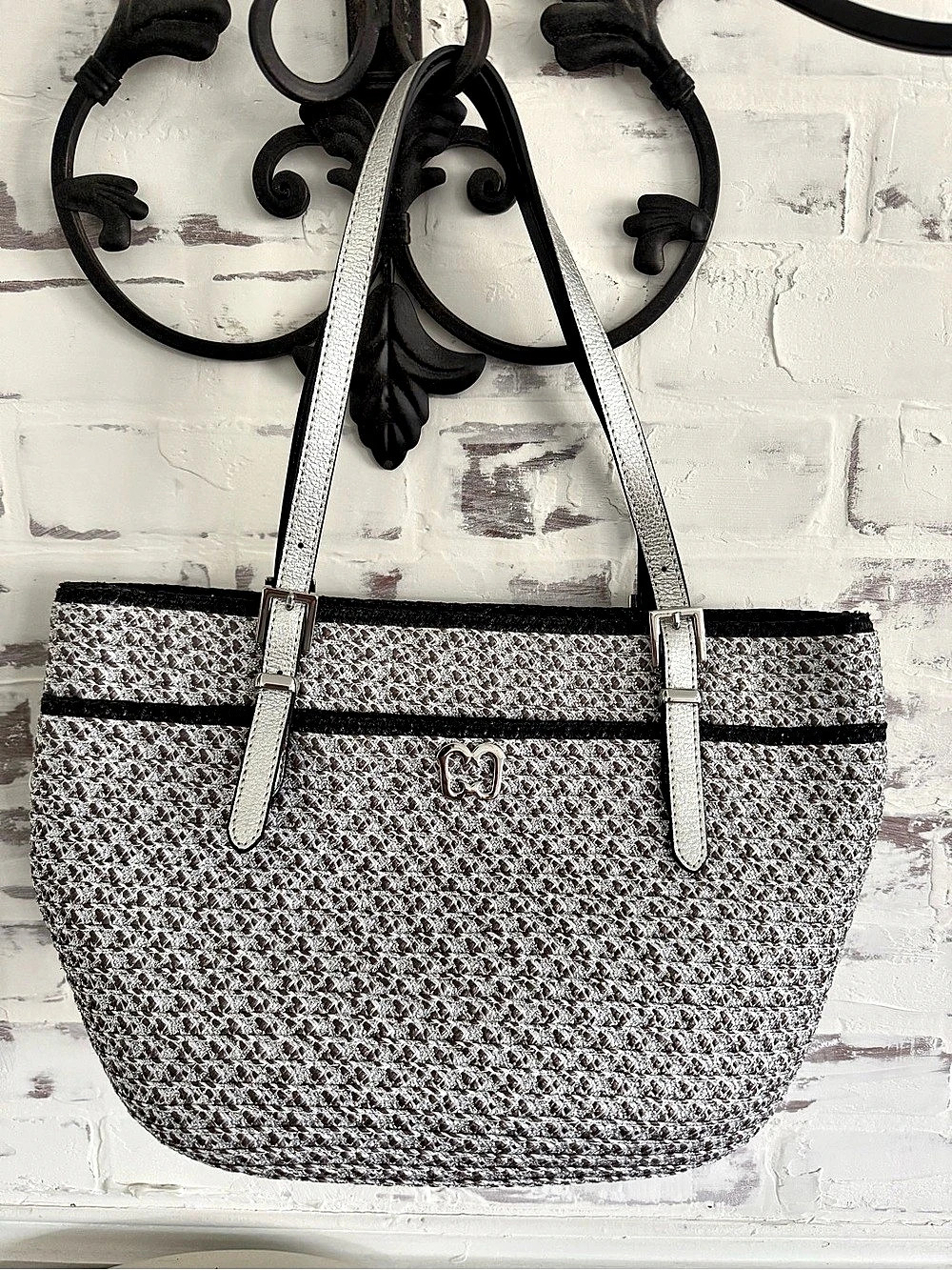 Eric Javits Straw and Leather Tote in Silver & Black
